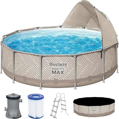 Bestway 561FY Steel Pro Max Canopy Round Pool Set With Filter And Ladder - კარკასული აუზი კარტრიჯული ფილტრით და კიბით